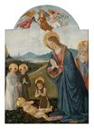 Gherardo di Giovanni del Fora - The Adoration of the Child, with Saint John the Baptist, Saint Joseph, an Augustinian and a Benedictine monk, and three angels in a wide river landscape 1469-1497