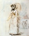 Young woman taking a walk holding an open umbrella 1880