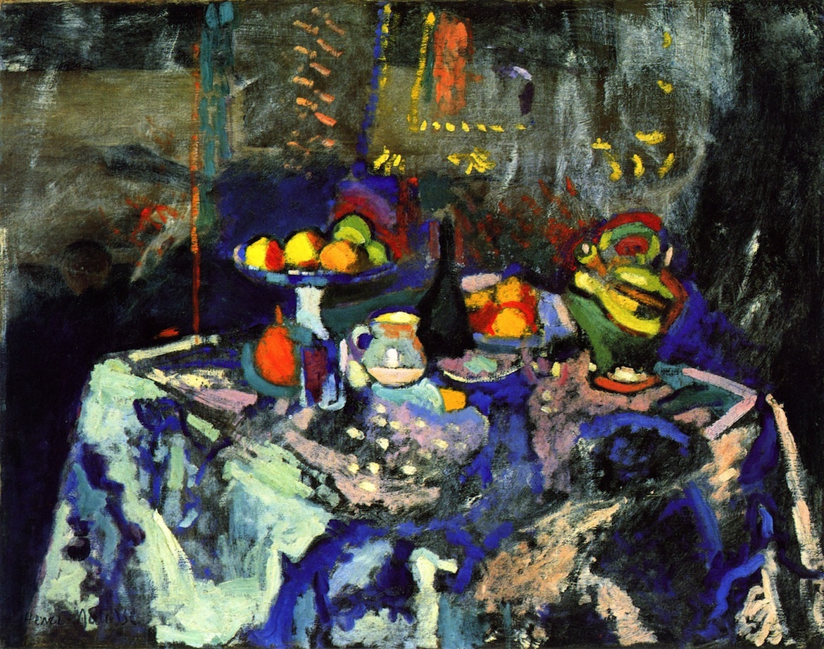 Still LIfe with Blue Tablecloth. Vase, Bottle and Fruit 1902