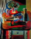 Guitar, bottle, fruit dish and glass on the table 1919