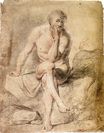 William Turner - Male Nude Seated Cross-Legged on Rocks, with Chin in His Hand 1792
