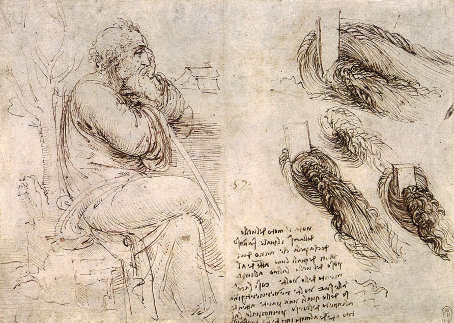 Leonardo da Vinci - A seated man, and studies and notes on the movement of water 1510