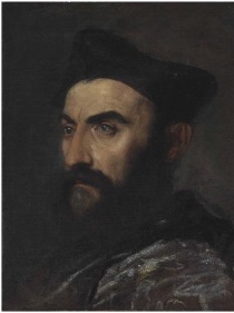 Tiziano Vecellio, called Titian - Portrait of a cleric, bust-length, in a blue coat and black hat 1485-1576